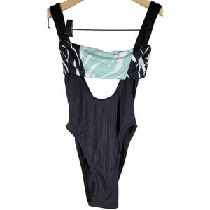 The Bikini Lab XXS Black Ribbed Plunge Suspender Swimsuit Tropical Print HighCut